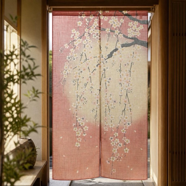 Japanese Noren Door Curtain, Weeping Cherry Moon Print, 33.5 x 59.1 in