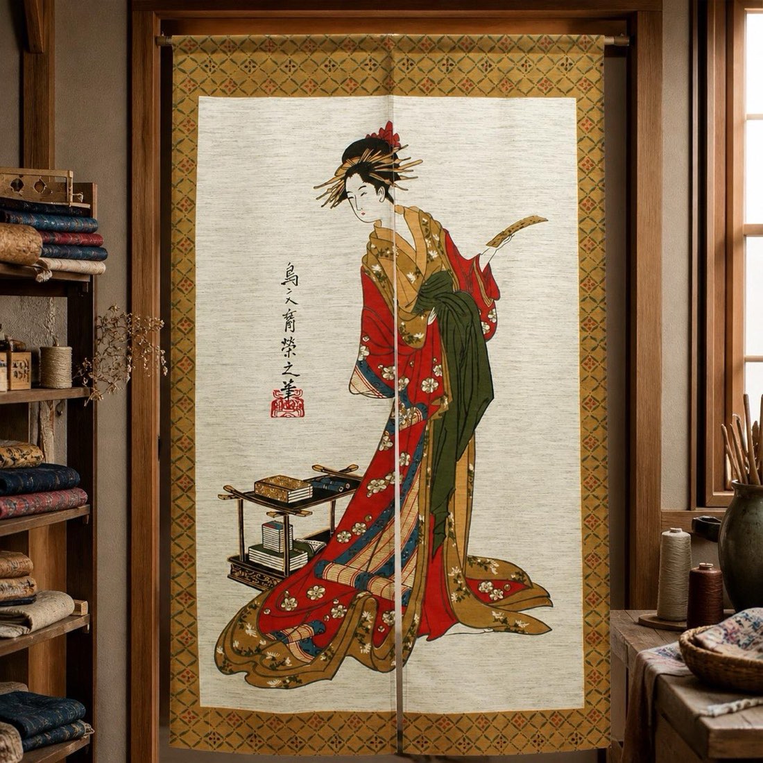 Japanese Noren Door Curtain, Woman Poem Print, Linen-Like Fabric, 33.5 x 59.1 in