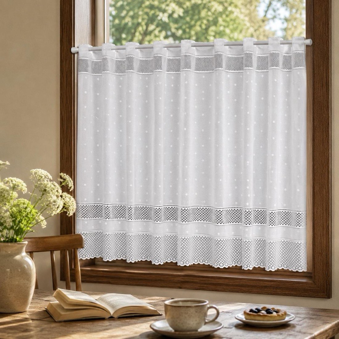 Japanese Polka Dot Lace Cafe Curtain, White Sheer Window Valance (59.1x35.4 in)