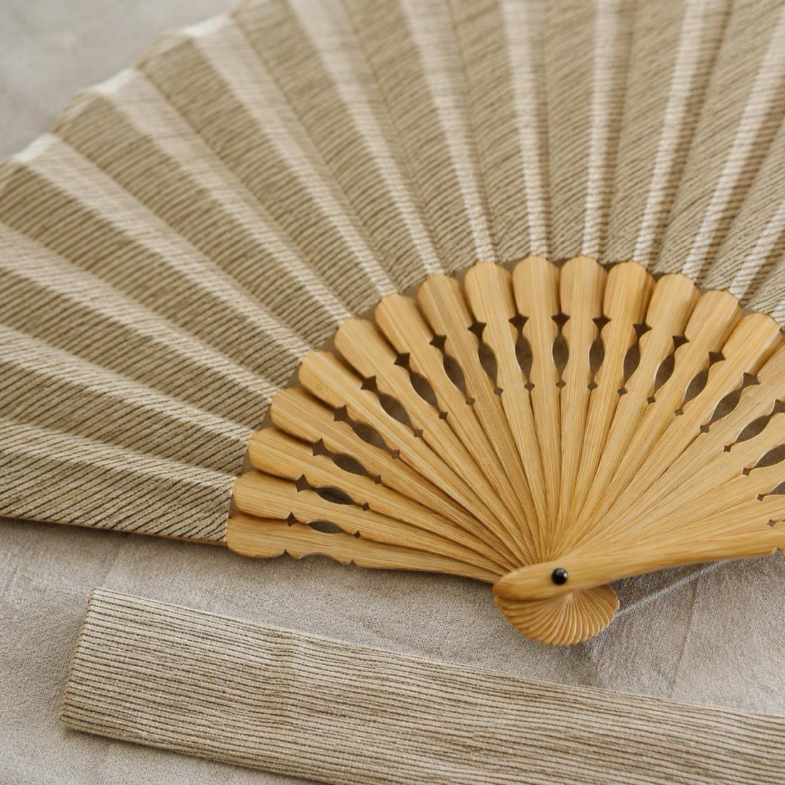 Japanese Sensu Folding Fan, Linen Ojiya Chijimi Beige Stripe, Bamboo Frame, Made in Japan — view 10