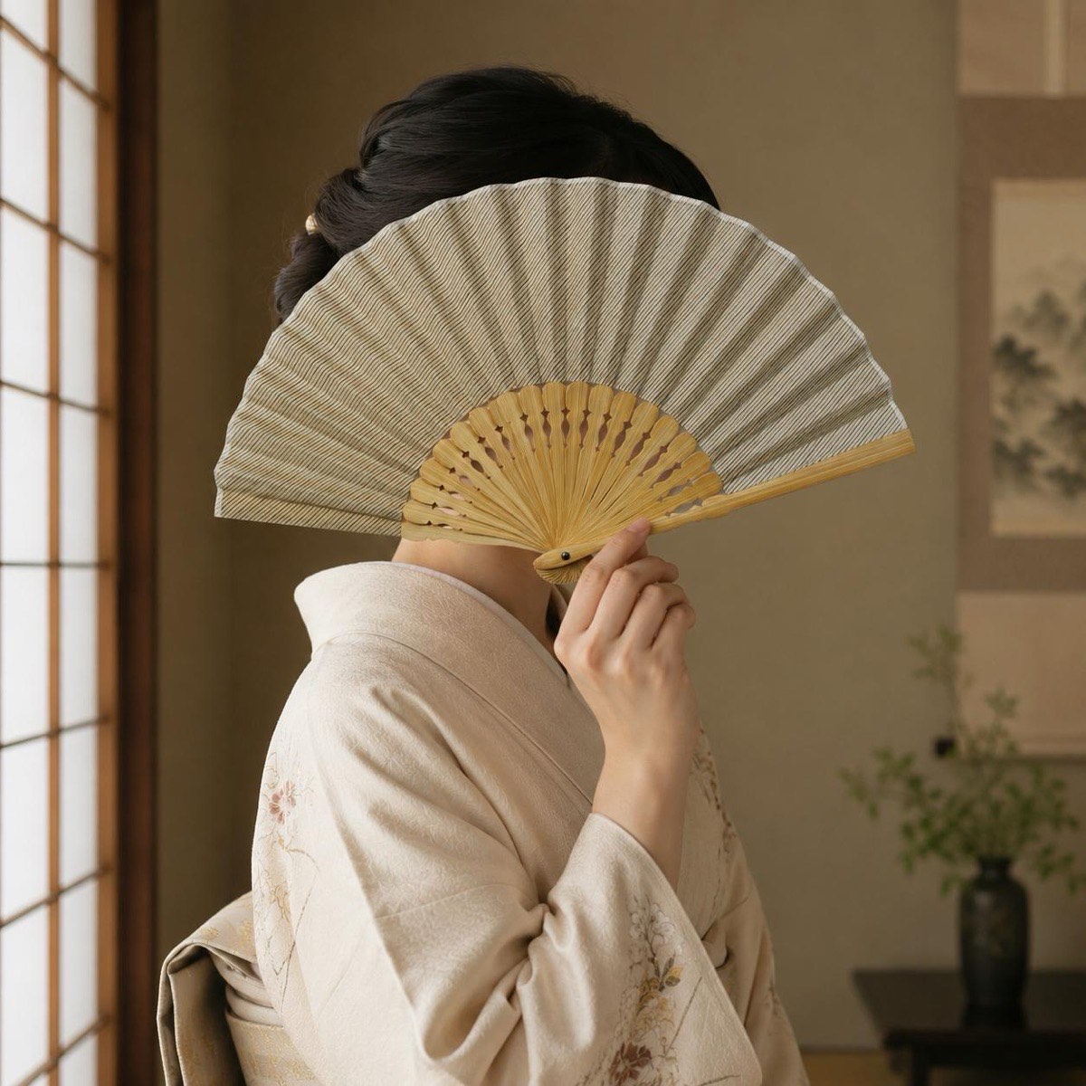 Japanese Sensu Folding Fan, Linen Ojiya Chijimi Beige Stripe, Bamboo Frame, Made in Japan — view 2