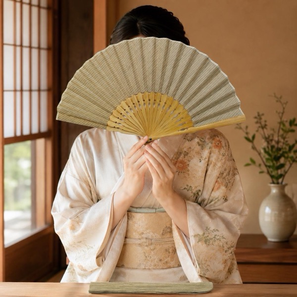 Japanese Sensu Folding Fan, Linen Ojiya Chijimi Beige Stripe, Bamboo Frame, Made in Japan