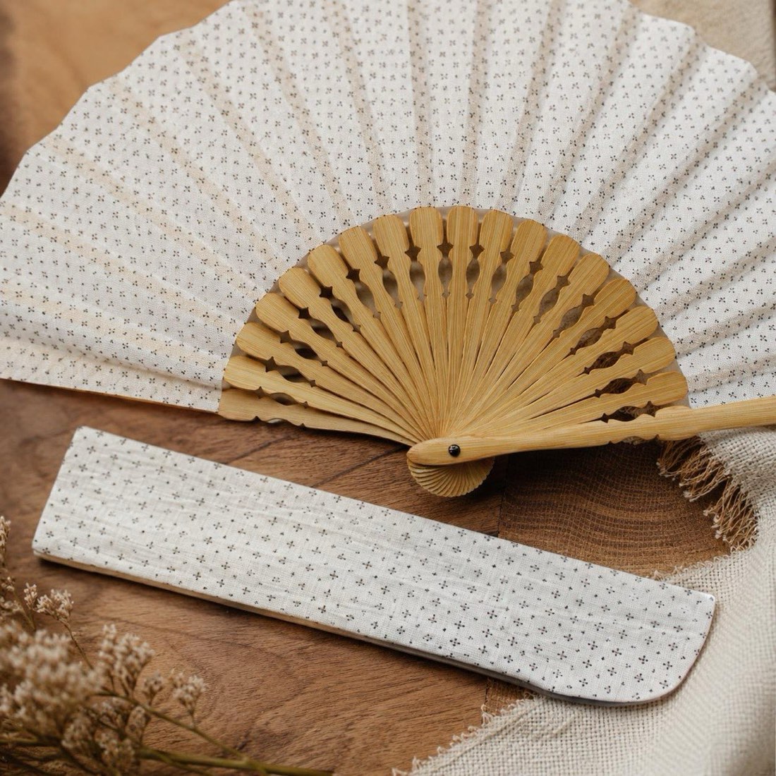 Japanese Sensu Folding Fan, Linen Ojiya Chijimi Cross Kasuri, Bamboo Frame, Made in Japan — view 10