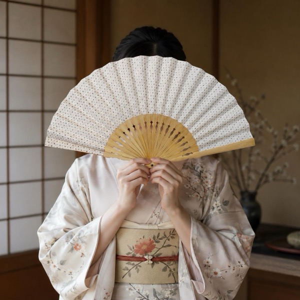 Japanese Sensu Folding Fan, Linen Ojiya Chijimi Cross Kasuri, Bamboo Frame, Made in Japan