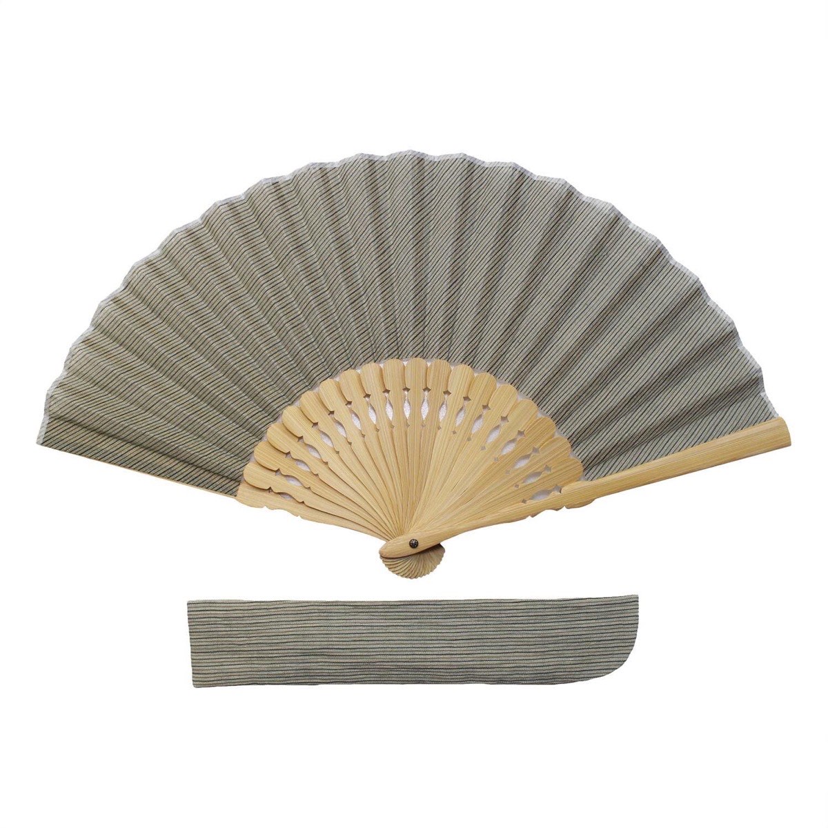 Japanese Sensu Folding Fan, Linen Ojiya Chijimi Green Stripe, Bamboo Frame, Made in Japan — view 7