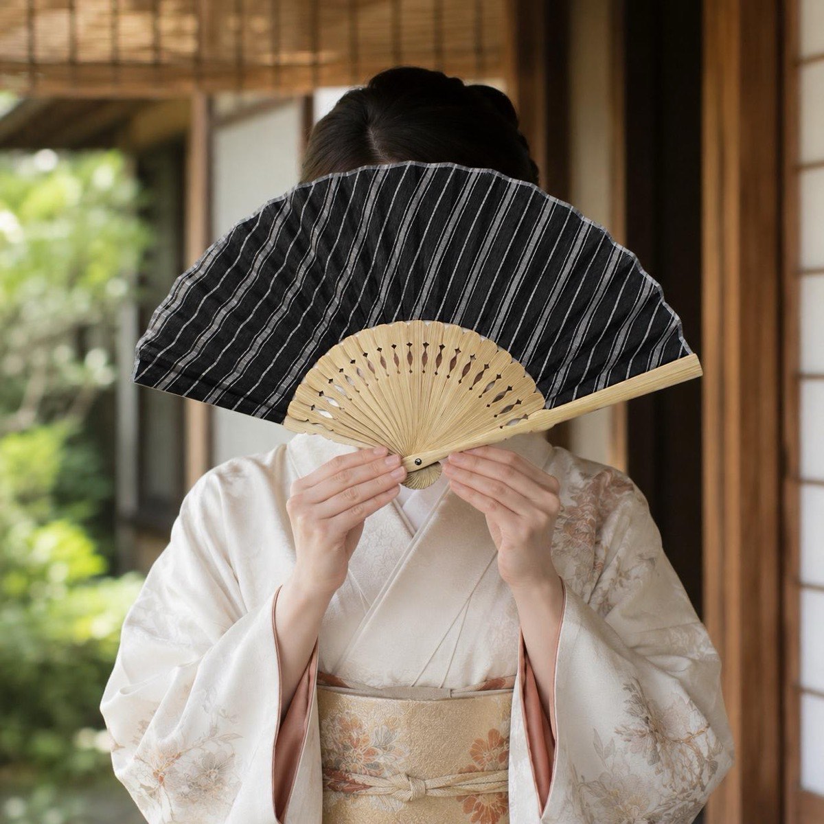 Japanese Sensu Folding Fan, Ojiya Chijimi Linen, Bamboo Frame, Black Stripe