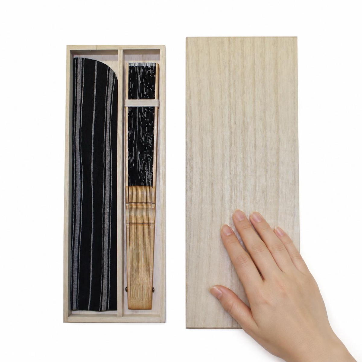 Japanese Sensu Folding Fan, Ojiya Chijimi Linen, Bamboo Frame, Black Stripe — view 10