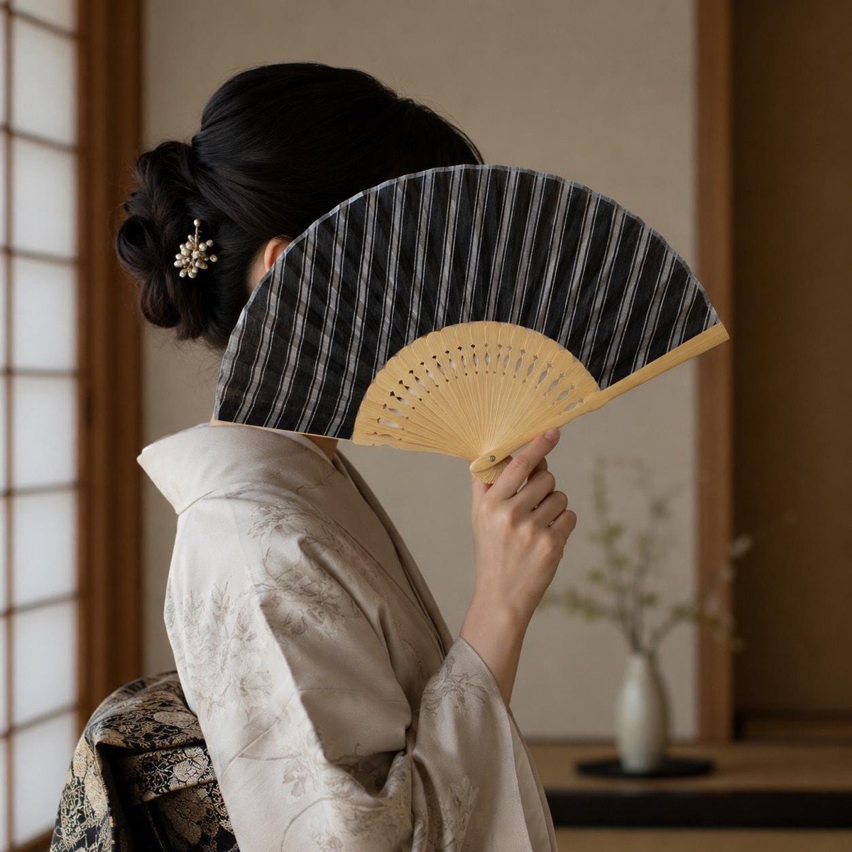 Japanese Sensu Folding Fan, Ojiya Chijimi Linen, Bamboo Frame, Black Stripe — view 2