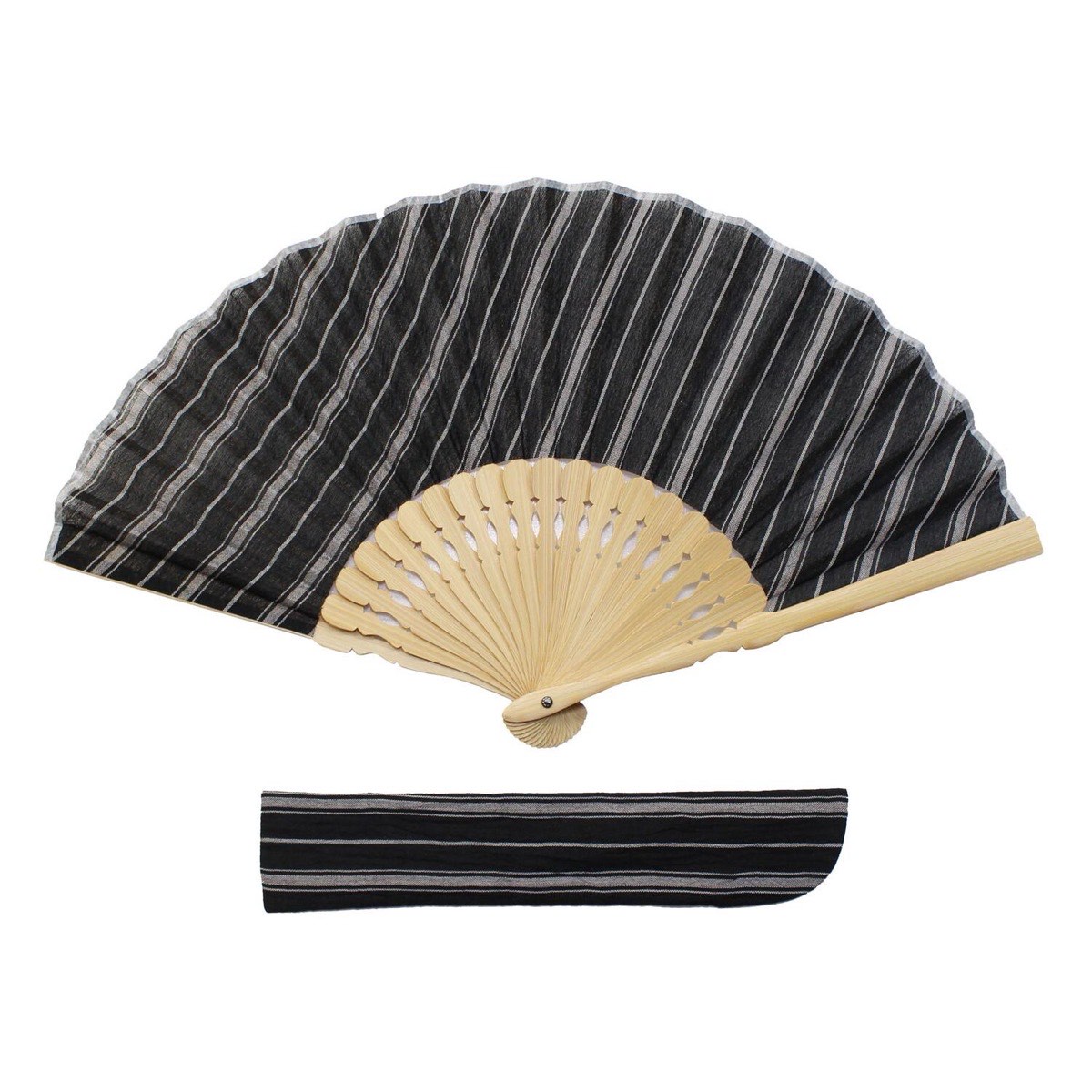 Japanese Sensu Folding Fan, Ojiya Chijimi Linen, Bamboo Frame, Black Stripe — view 8