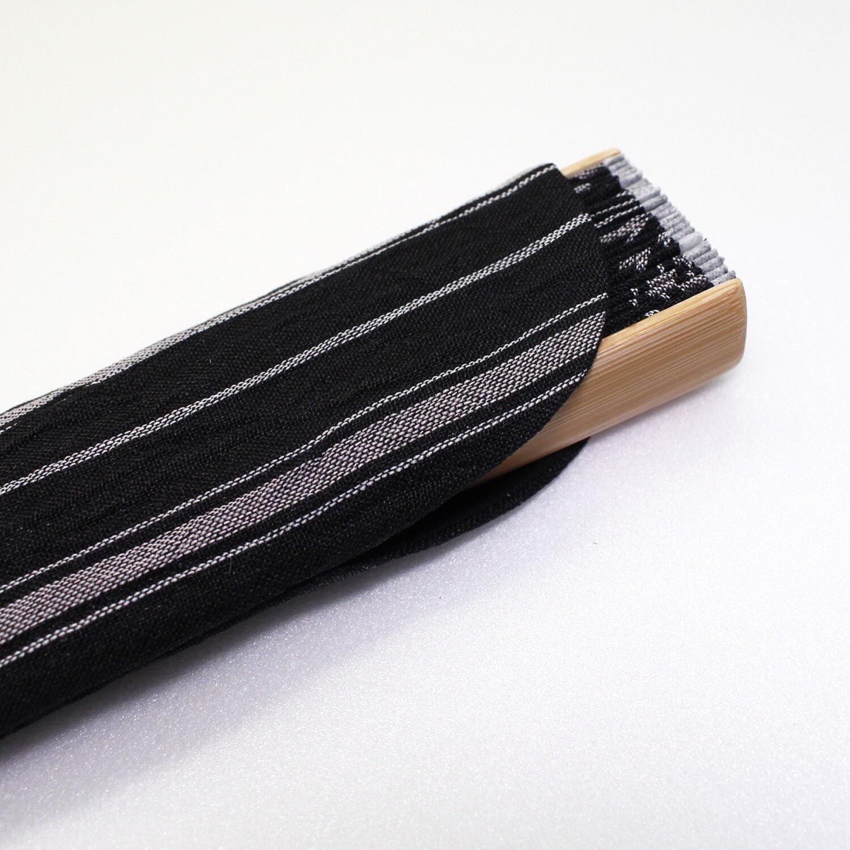 Japanese Sensu Folding Fan, Ojiya Chijimi Linen, Bamboo Frame, Black Stripe — view 9