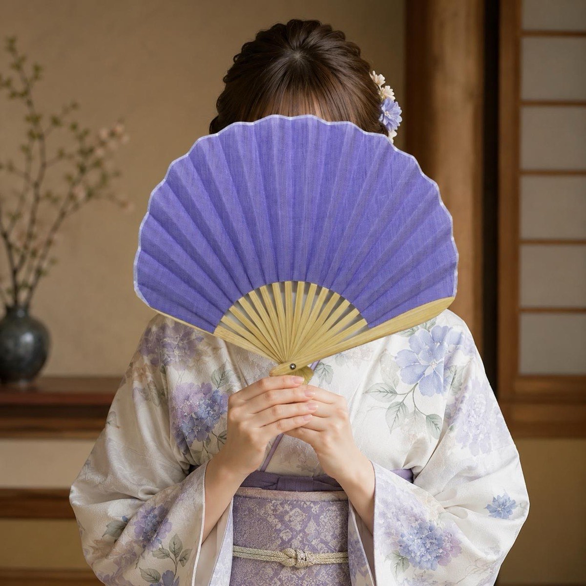 Japanese Shell Sensu Fan, Linen Ojiya Chijimi Lavender, Bamboo Frame, Made in Japan