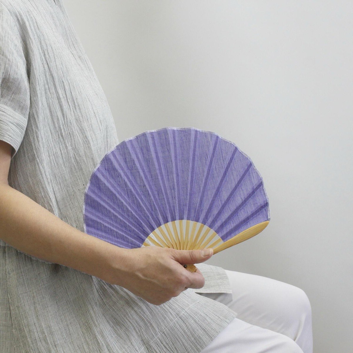 Japanese Shell Sensu Fan, Linen Ojiya Chijimi Lavender, Bamboo Frame, Made in Japan — view 2