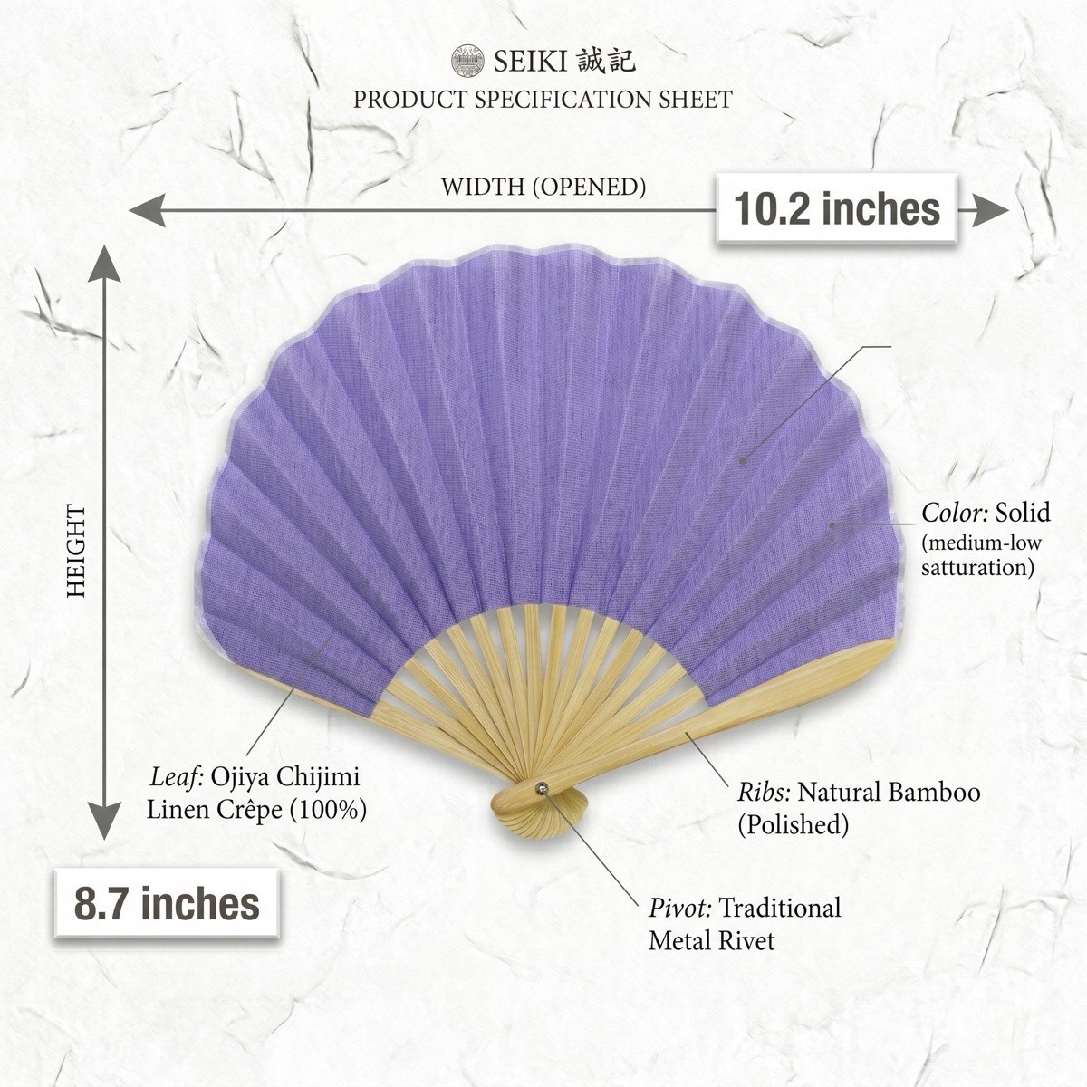 Japanese Shell Sensu Fan, Linen Ojiya Chijimi Lavender, Bamboo Frame, Made in Japan — view 3