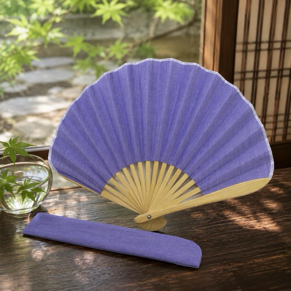 Japanese Shell Sensu Fan, Linen Ojiya Chijimi Lavender, Bamboo Frame, Made in Japan — view 9