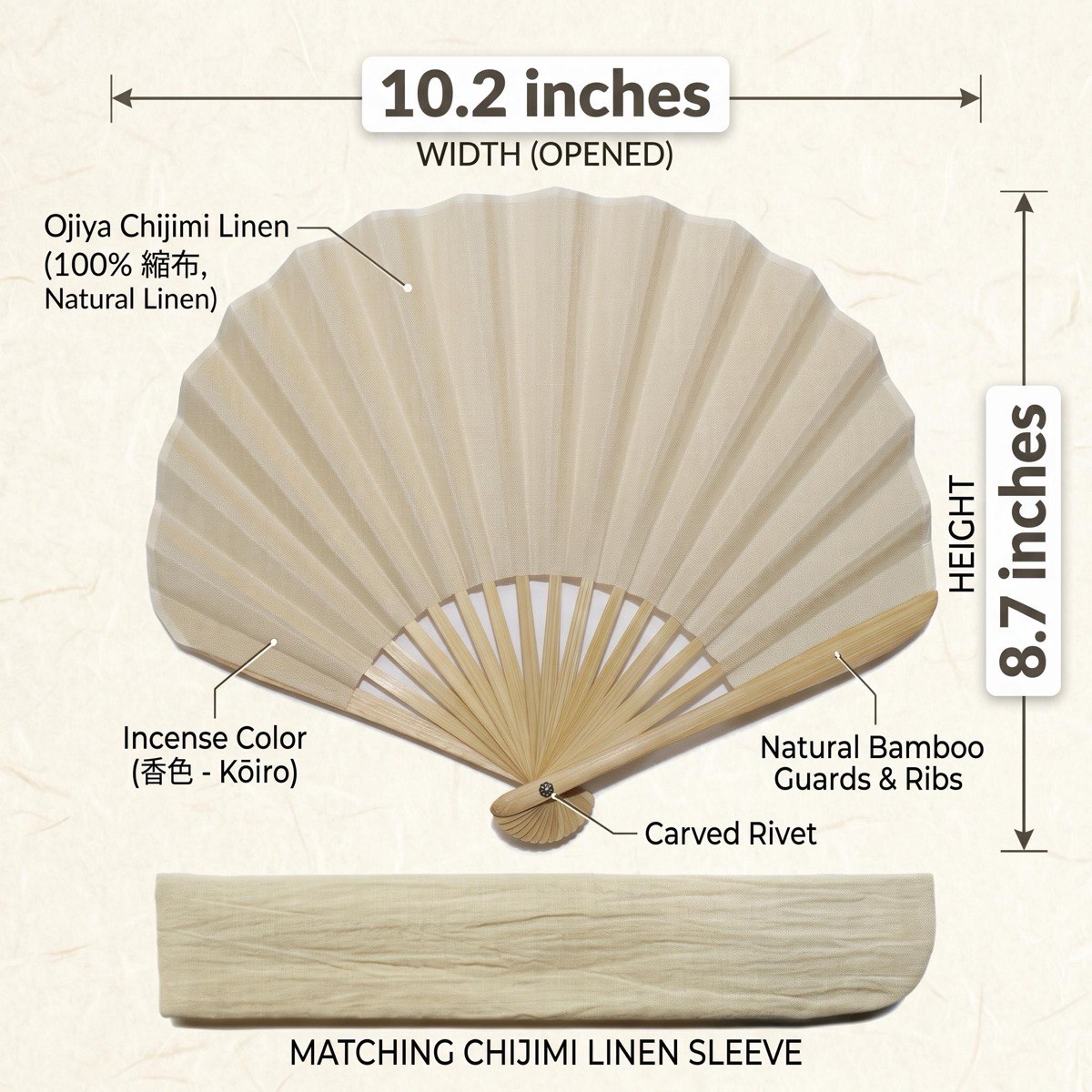 Japanese Shell Sensu Fan, Linen Ojiya Chijimi Light Brown, Bamboo Frame, Made in Japan — view 3