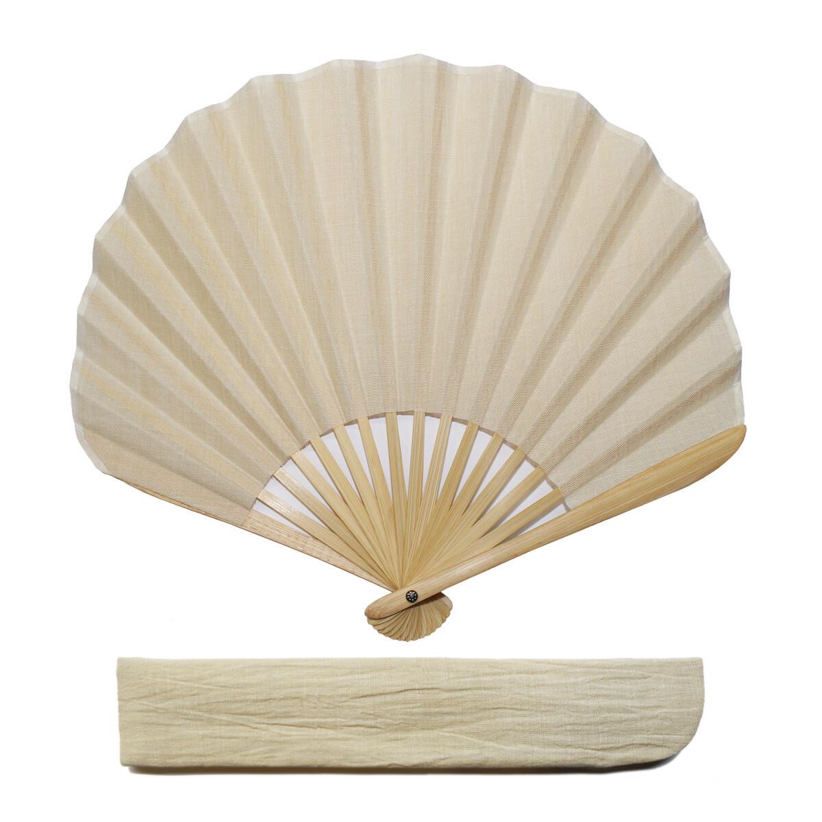 Japanese Shell Sensu Fan, Linen Ojiya Chijimi Light Brown, Bamboo Frame, Made in Japan — view 7