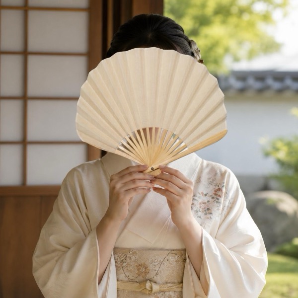 Japanese Shell Sensu Fan, Linen Ojiya Chijimi Light Brown, Bamboo Frame, Made in Japan