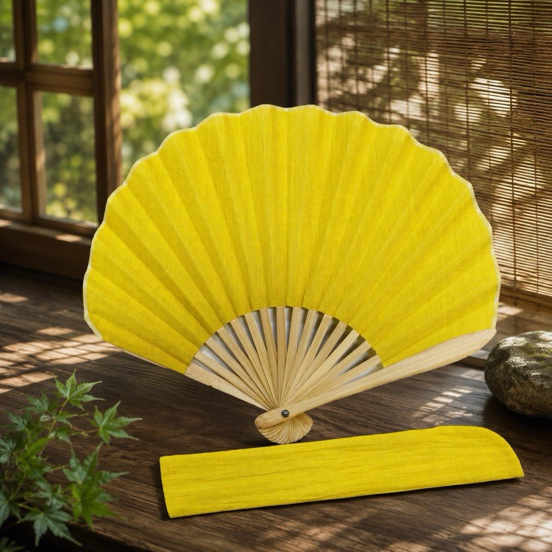 Japanese Shell Sensu Fan, Linen Ojiya Chijimi Mimosa, Bamboo Frame, Made in Japan — view 10