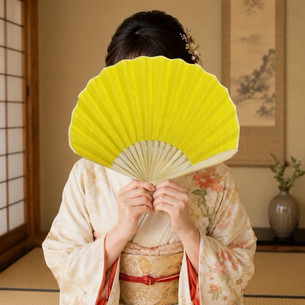 Japanese Shell Sensu Fan, Linen Ojiya Chijimi Mimosa, Bamboo Frame, Made in Japan
