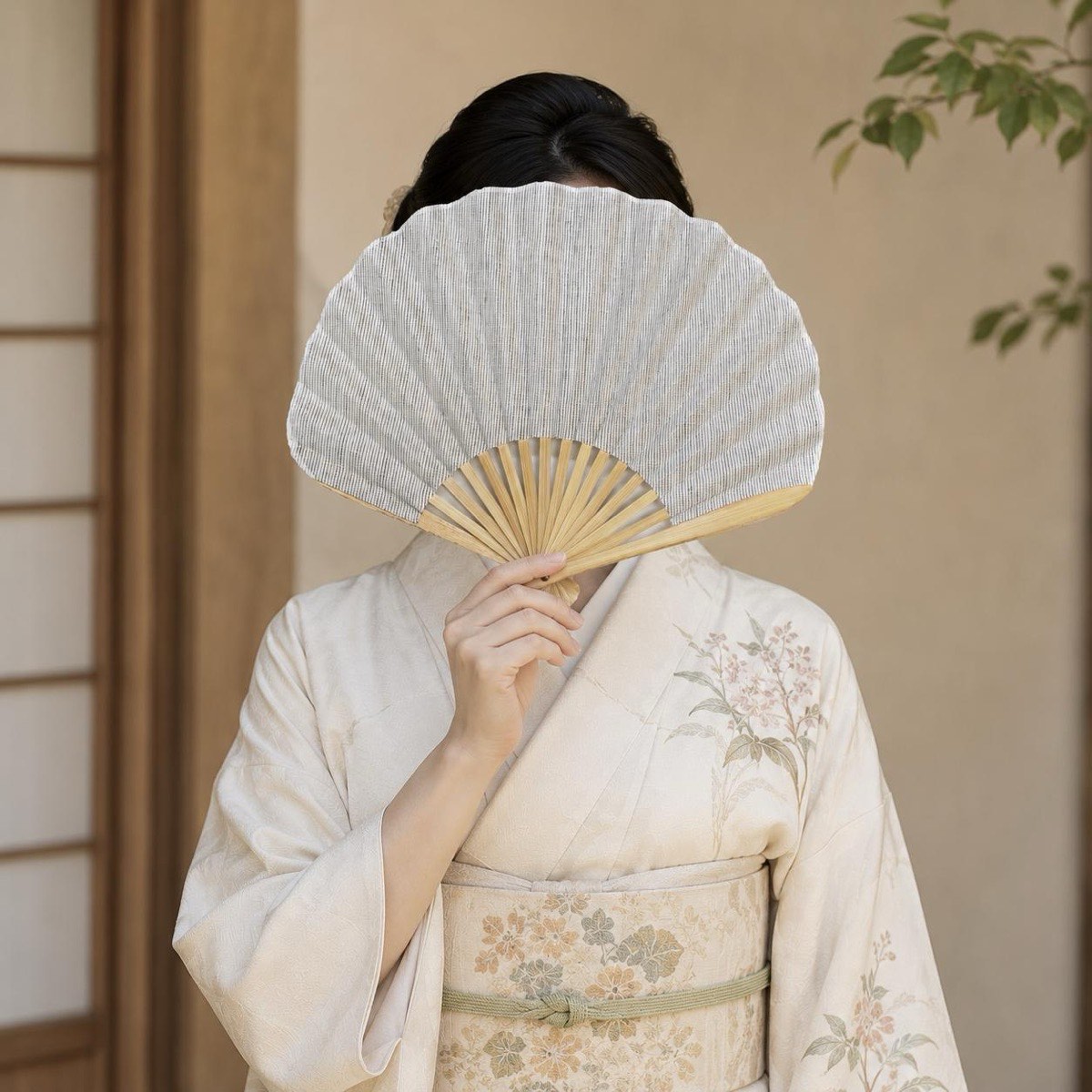 Japanese Shell Sensu Fan, Linen Ojiya Chijimi Natural Stripe, Bamboo Frame, Made in Japan