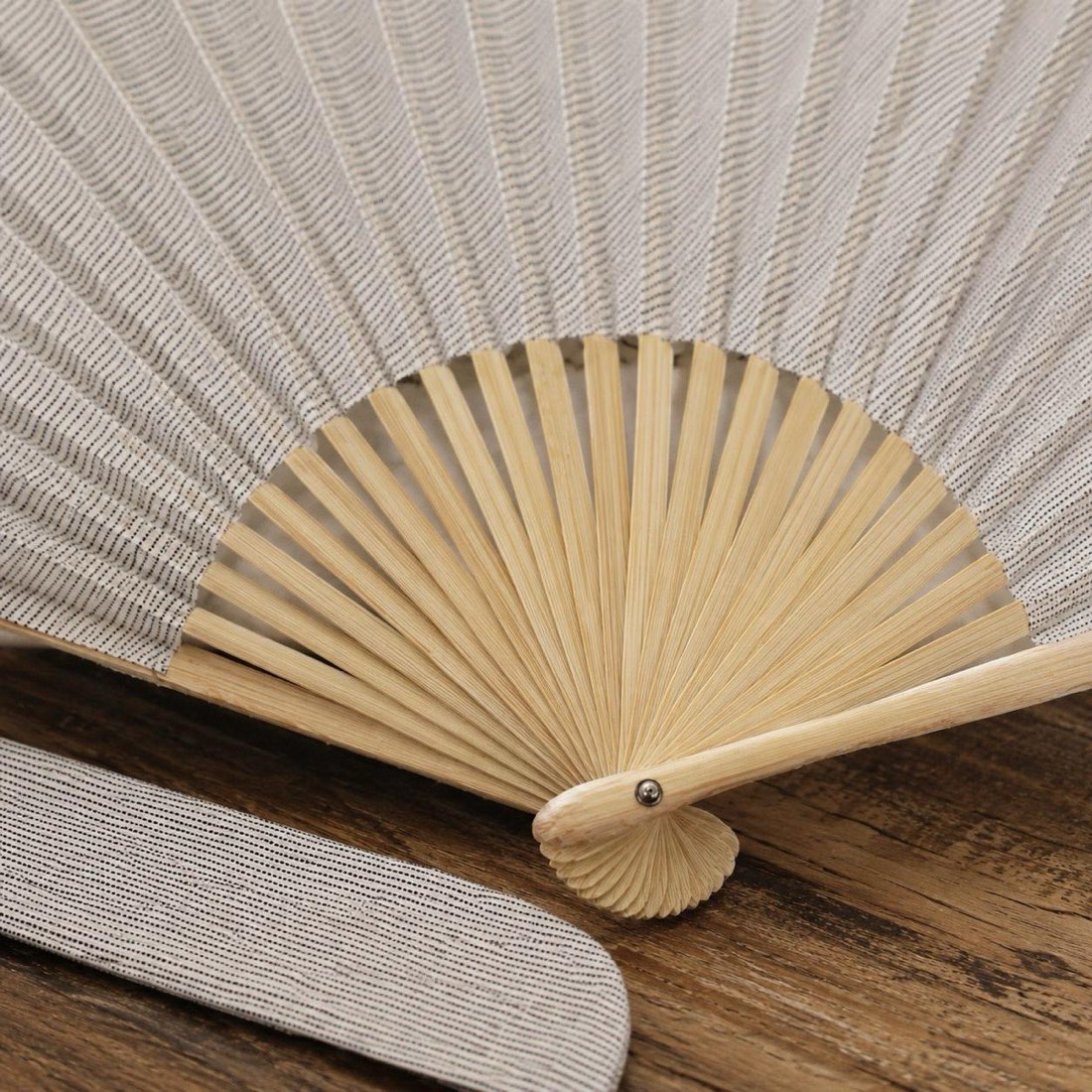 Japanese Shell Sensu Fan, Linen Ojiya Chijimi Natural Stripe, Bamboo Frame, Made in Japan — view 10