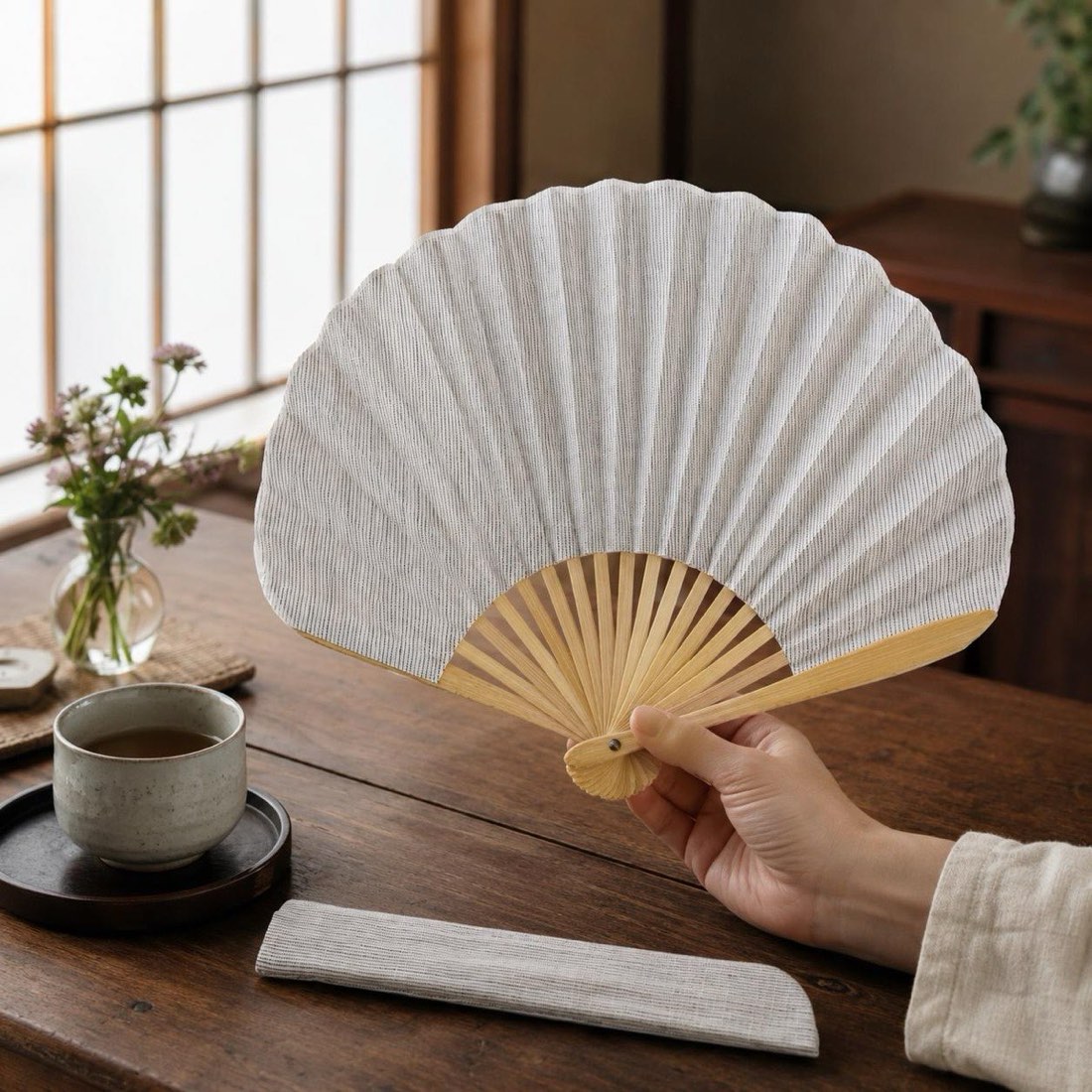 Japanese Shell Sensu Fan, Linen Ojiya Chijimi Natural Stripe, Bamboo Frame, Made in Japan — view 2