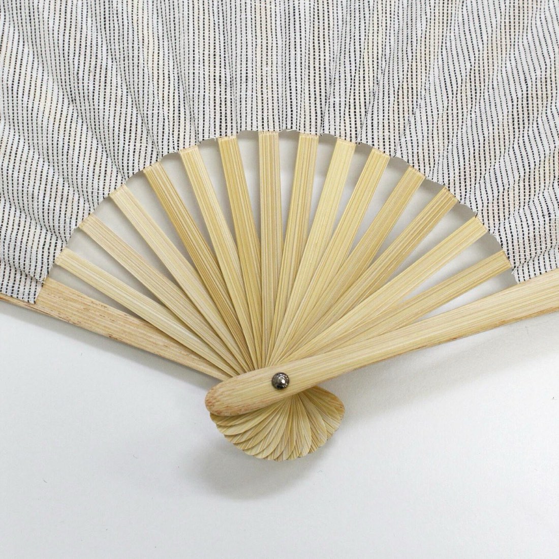 Japanese Shell Sensu Fan, Linen Ojiya Chijimi Natural Stripe, Bamboo Frame, Made in Japan — view 5