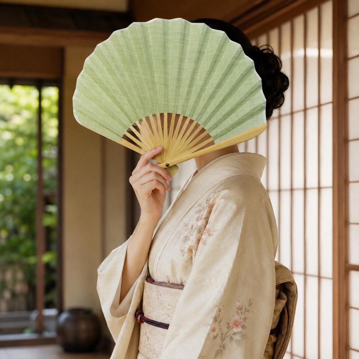 Japanese Shell Sensu Fan, Linen Ojiya Chijimi Pale Green, Bamboo Frame, Made in Japan — view 2