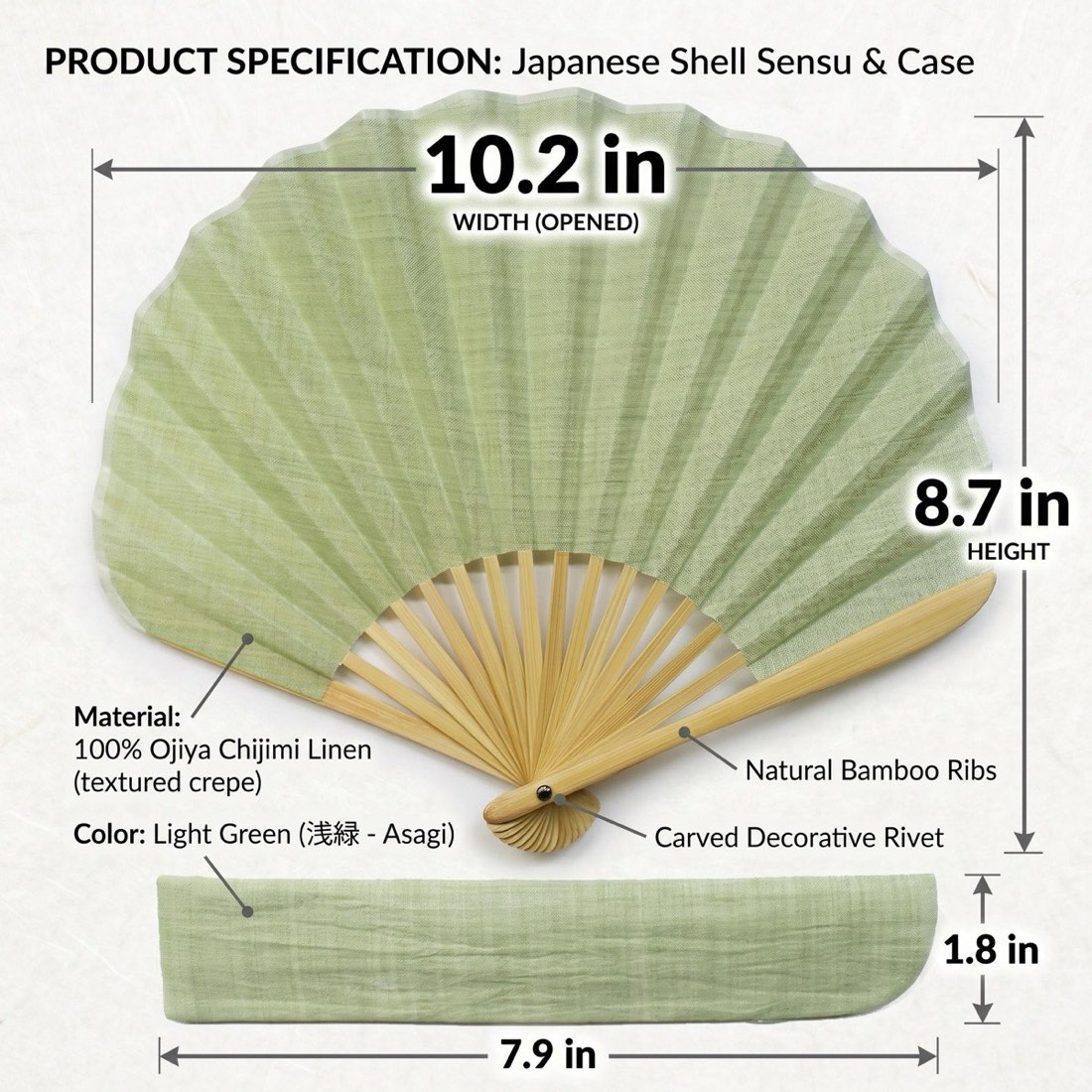 Japanese Shell Sensu Fan, Linen Ojiya Chijimi Pale Green, Bamboo Frame, Made in Japan — view 3
