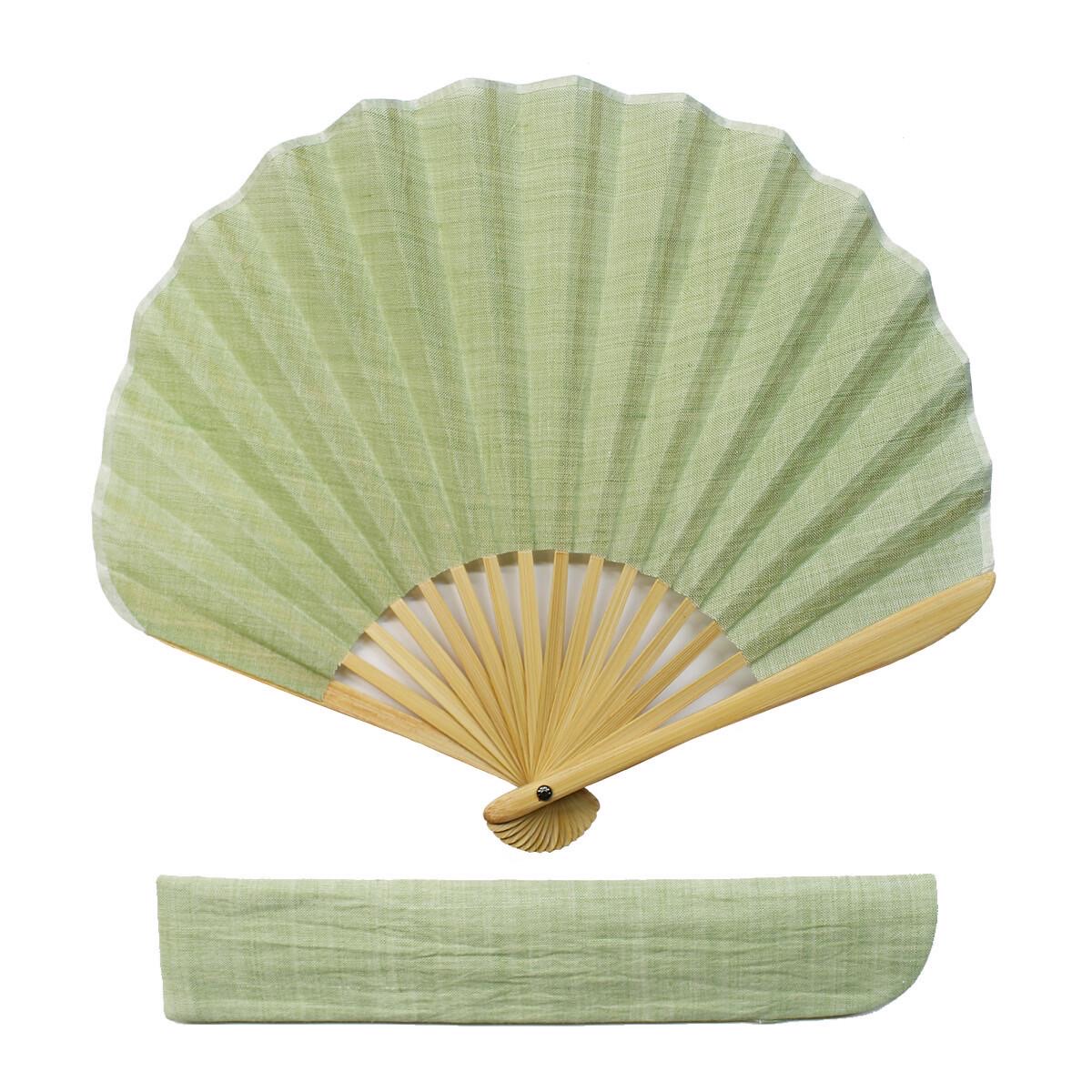 Japanese Shell Sensu Fan, Linen Ojiya Chijimi Pale Green, Bamboo Frame, Made in Japan — view 7