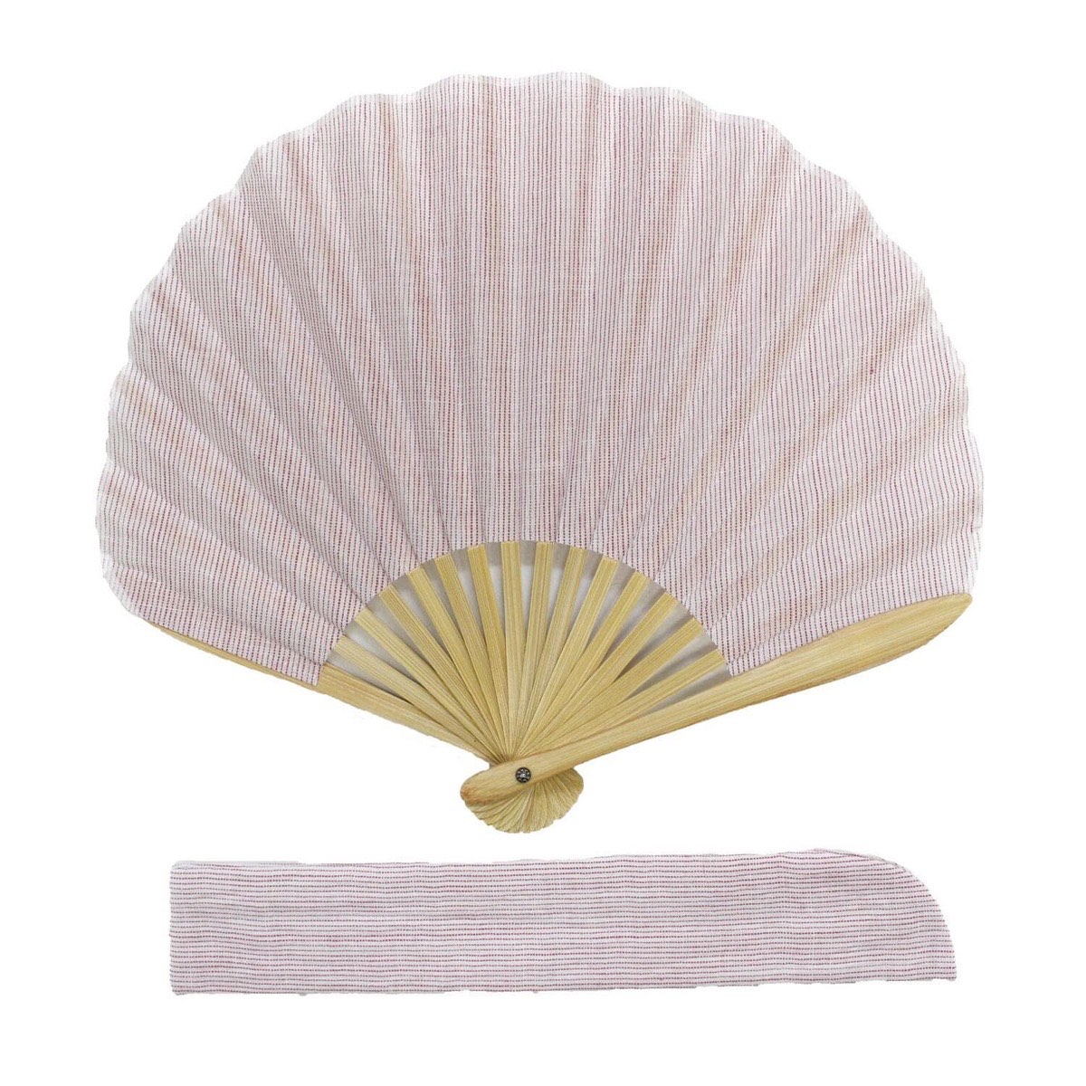 Japanese Shell Sensu Fan, Linen Ojiya Chijimi Pink Stripe, Bamboo Frame, Made in Japan — view 2