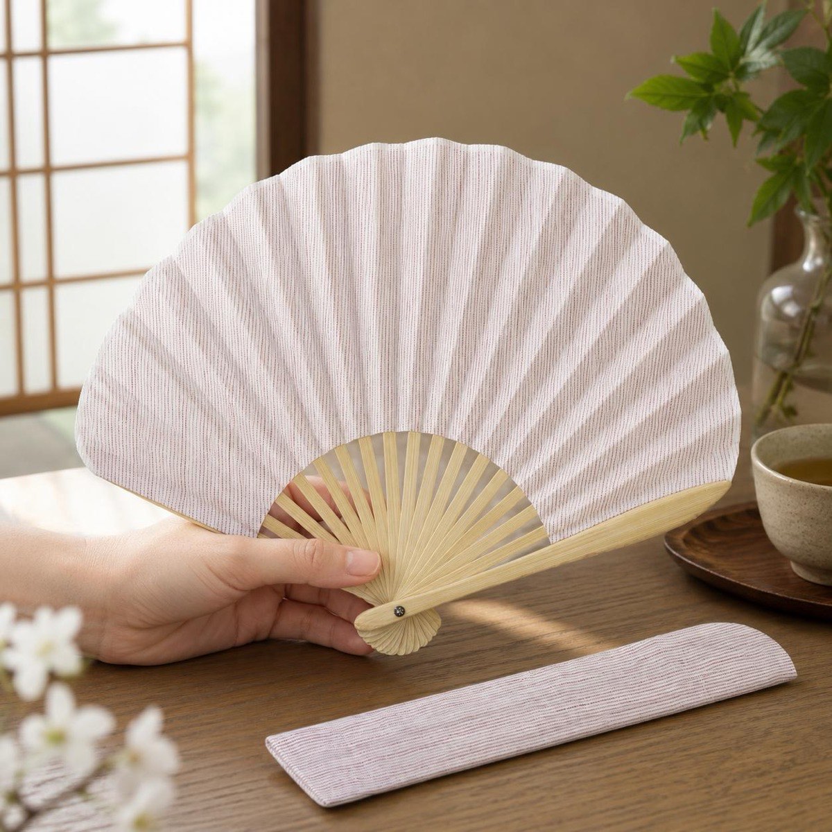 Japanese Shell Sensu Fan, Linen Ojiya Chijimi Pink Stripe, Bamboo Frame, Made in Japan — view 3