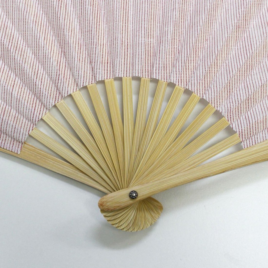 Japanese Shell Sensu Fan, Linen Ojiya Chijimi Pink Stripe, Bamboo Frame, Made in Japan — view 6