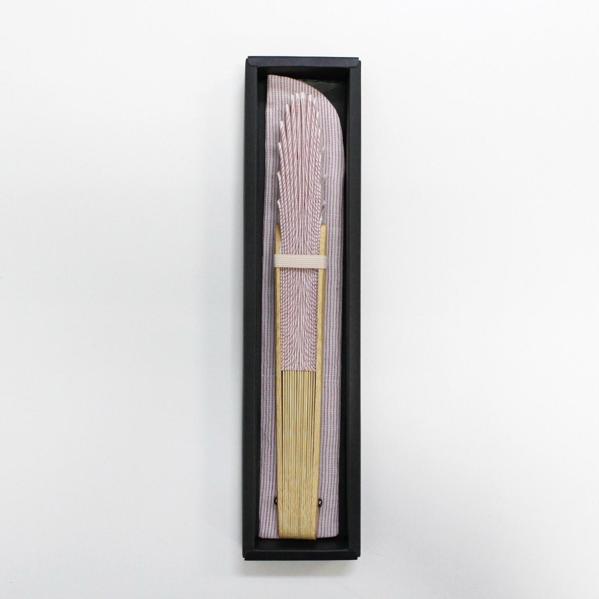 Japanese Shell Sensu Fan, Linen Ojiya Chijimi Pink Stripe, Bamboo Frame, Made in Japan — view 9