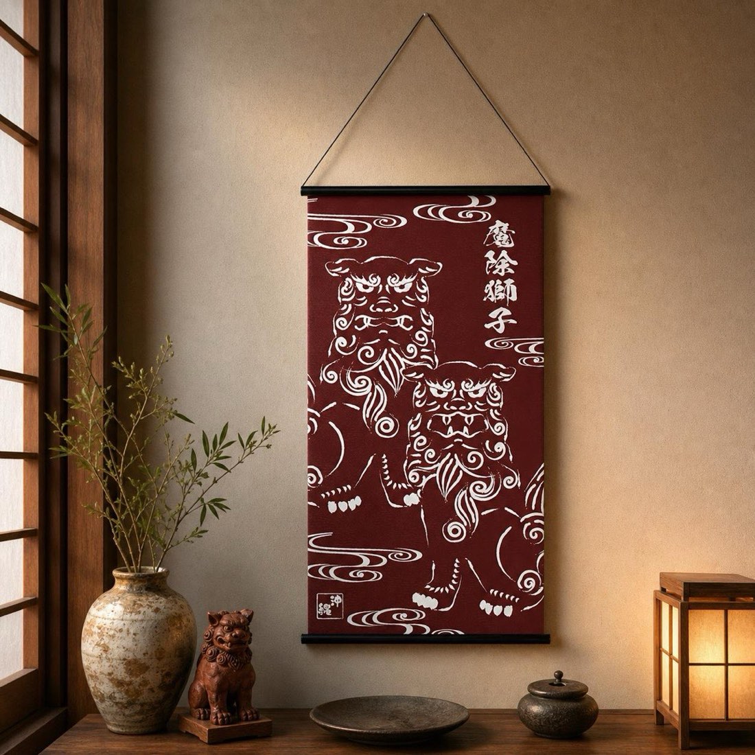 Japanese Tapestry Wall Hanging, Okinawan Shisa, Burgundy, 18.1 x 32.3 in, Made in Japan