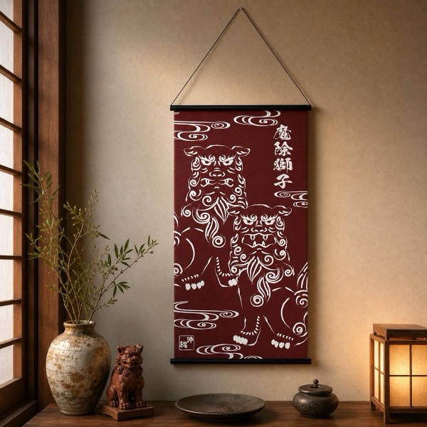 Japanese Tapestry Wall Hanging, Okinawan Shisa, Burgundy, 18.1 x 32.3 in, Made in Japan