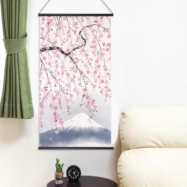 Japanese Tapestry Wall Hanging, Weeping Sakura, Mount Fuji, 18.1 x 32.3 in