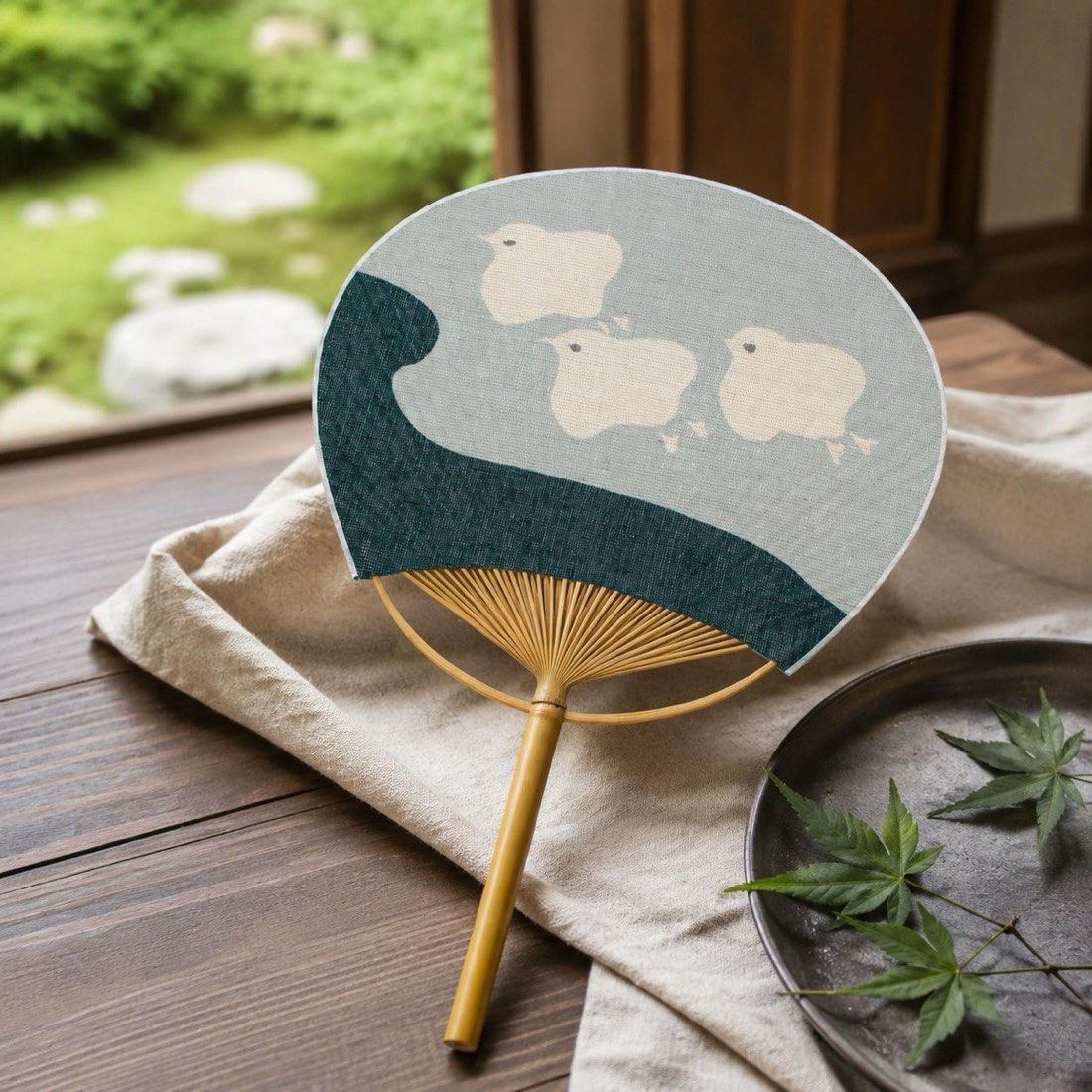 Japanese Uchiwa Hand Fan, Linen Chidori Bird Motif, Bamboo Frame, Made in Japan — view 10