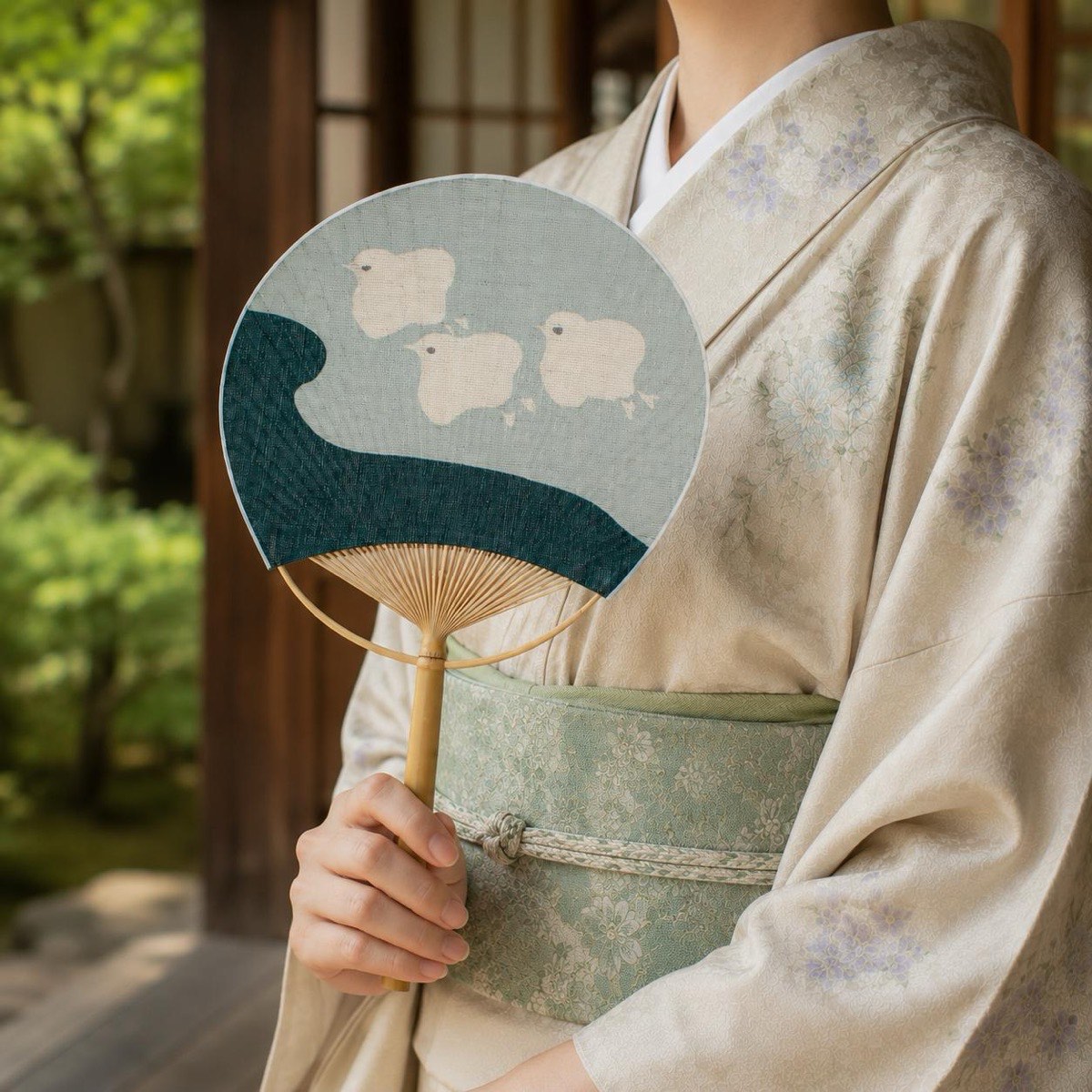 Japanese Uchiwa Hand Fan, Linen Chidori Bird Motif, Bamboo Frame, Made in Japan — view 2