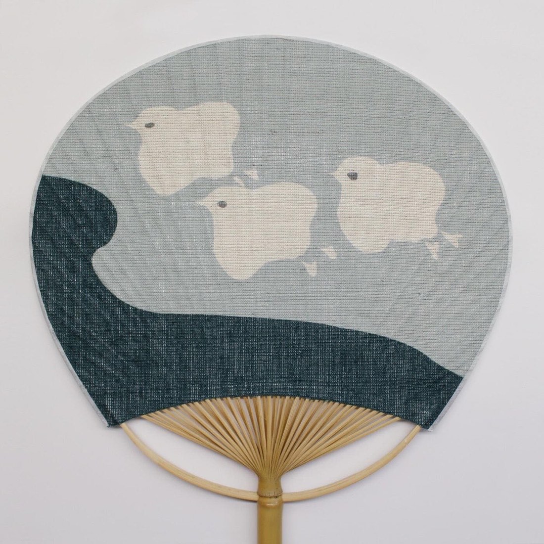 Japanese Uchiwa Hand Fan, Linen Chidori Bird Motif, Bamboo Frame, Made in Japan — view 4