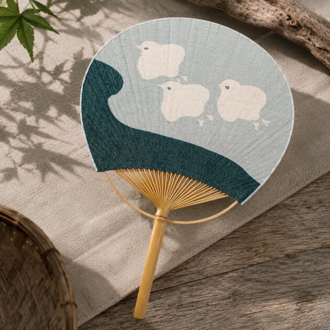 Japanese Uchiwa Hand Fan, Linen Chidori Bird Motif, Bamboo Frame, Made in Japan — view 7