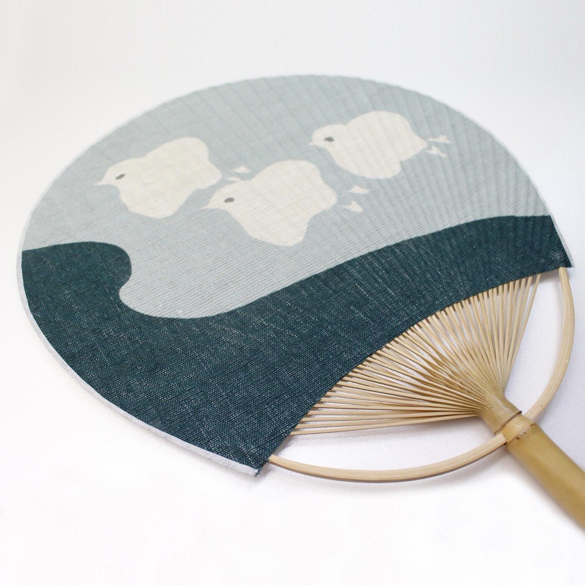 Japanese Uchiwa Hand Fan, Linen Chidori Bird Motif, Bamboo Frame, Made in Japan — view 9