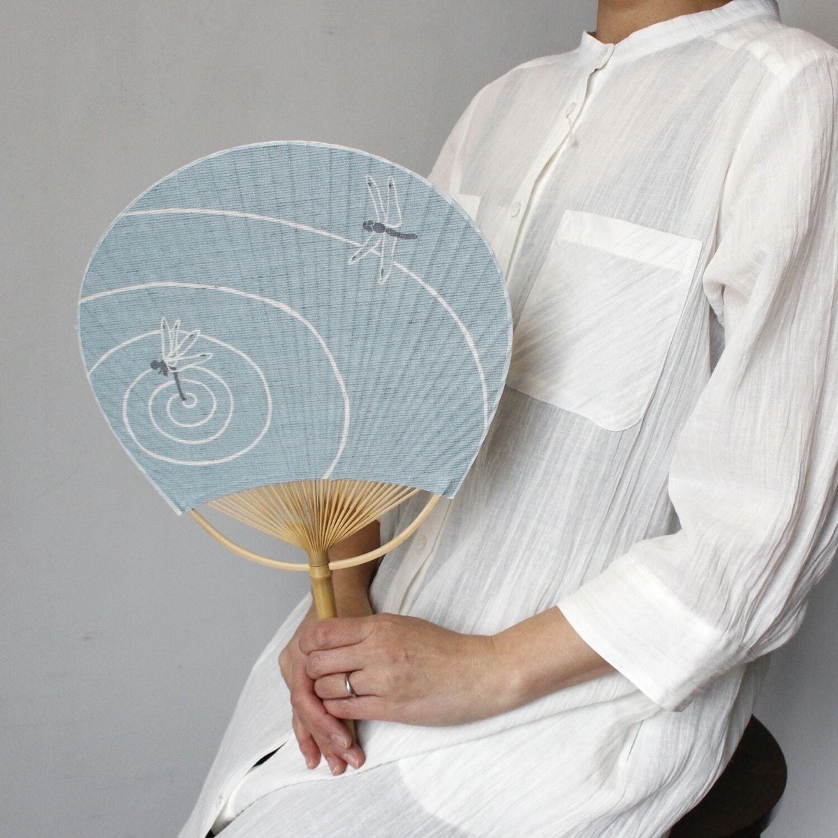 Japanese Uchiwa Hand Fan, Linen Dragonfly Motif, Bamboo Frame, Made in Japan — view 2