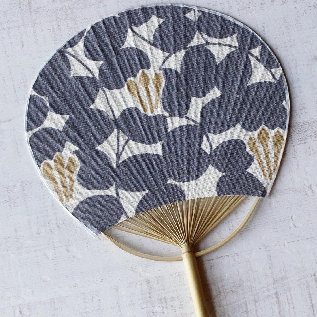 Japanese Uchiwa Hand Fan, Linen Floral Pattern Motif, Bamboo Frame, Made in Japan — view 8