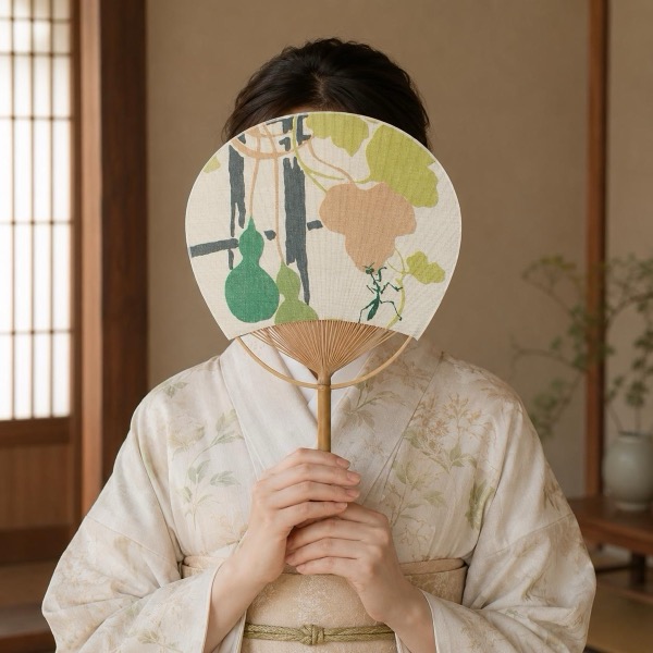 Japanese Uchiwa Hand Fan, Linen Gourd Motif, Bamboo Frame, Made in Japan