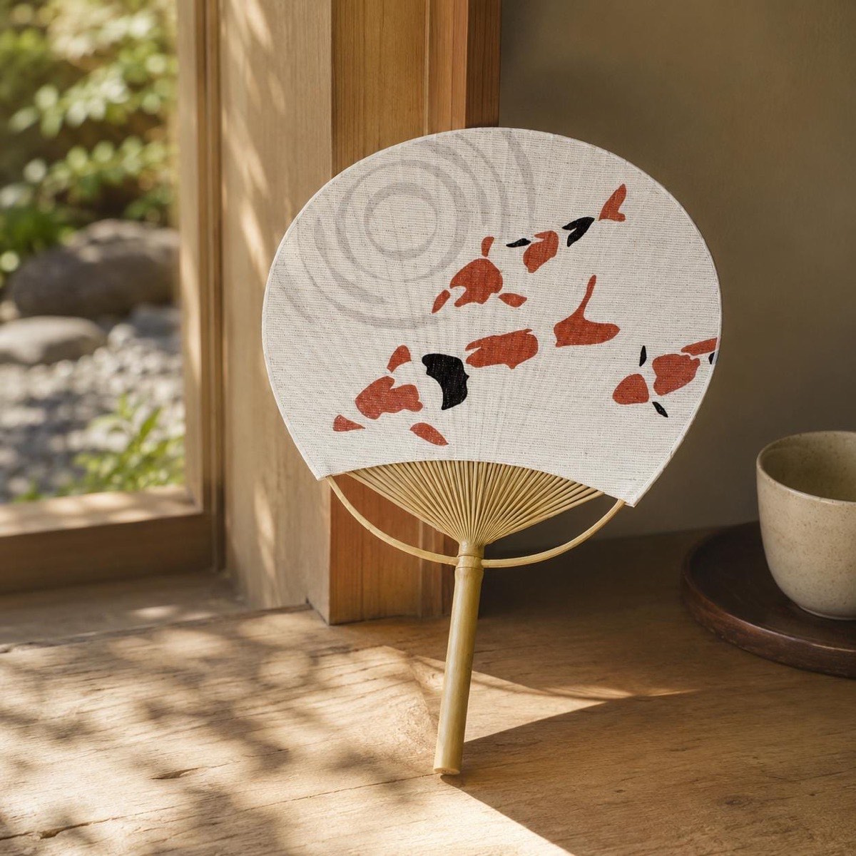 Japanese Uchiwa Hand Fan, Linen Koi Motif, Bamboo Frame, Made in Japan — view 10