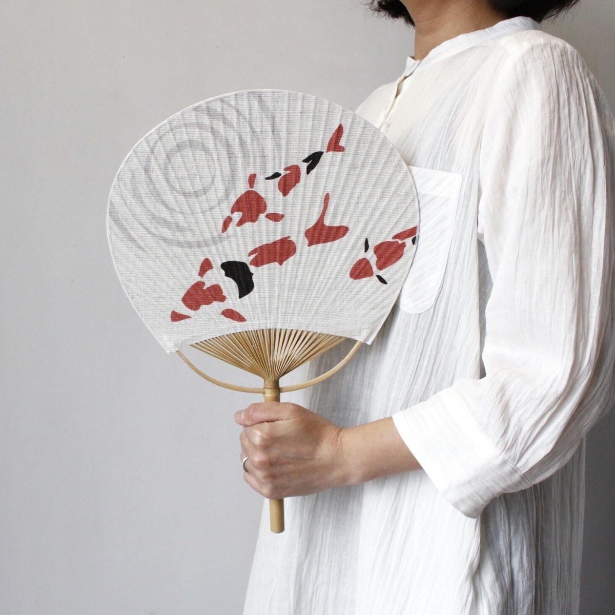 Japanese Uchiwa Hand Fan, Linen Koi Motif, Bamboo Frame, Made in Japan — view 2