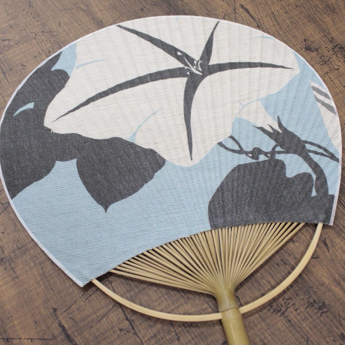 Japanese Uchiwa Hand Fan, Linen Morning Glory Motif, Bamboo Frame, Made in Japan — view 8