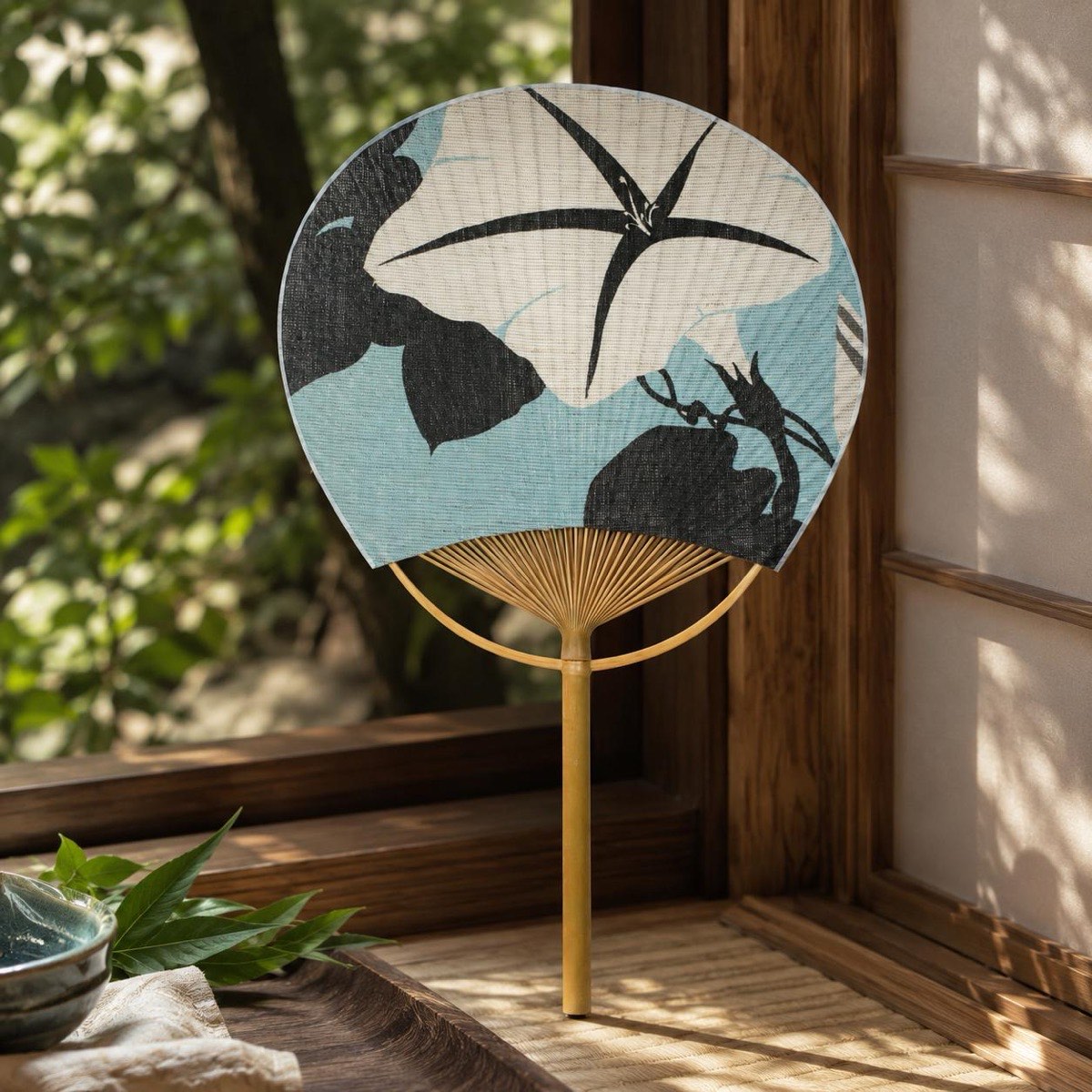 Japanese Uchiwa Hand Fan, Linen Morning Glory Motif, Bamboo Frame, Made in Japan — view 9