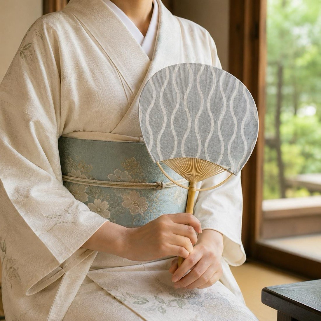 Japanese Uchiwa Hand Fan, Linen Tatewaku Wave Motif, Bamboo Frame, Made in Japan — view 2